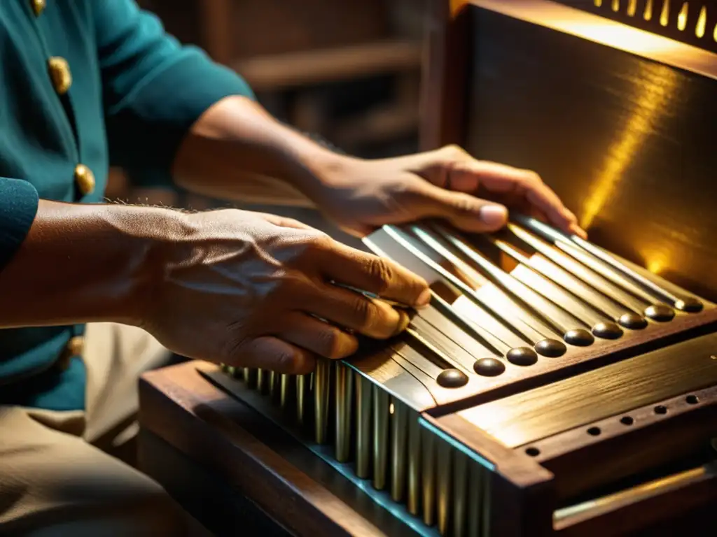 Un artesano meticuloso elabora a mano un bandoneón tradicional en un taller tenue, destacando la historia y relevancia cultural del instrumento