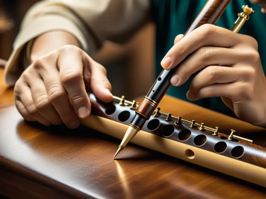 Artesano meticuloso tallando un oboe da caccia, resaltando el origen y características del instrumento musical histórico