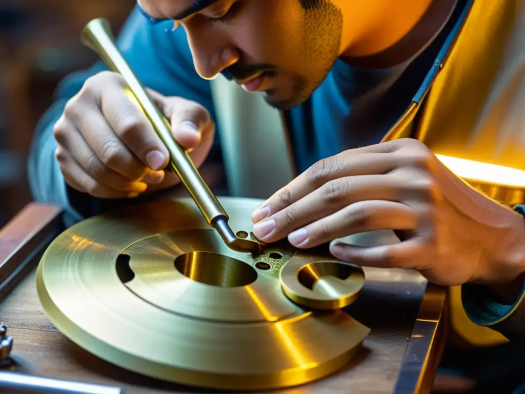 Artesano meticuloso en el proceso de hacer instrumentos de viento metal, mostrando dedicación y maestría artesanal