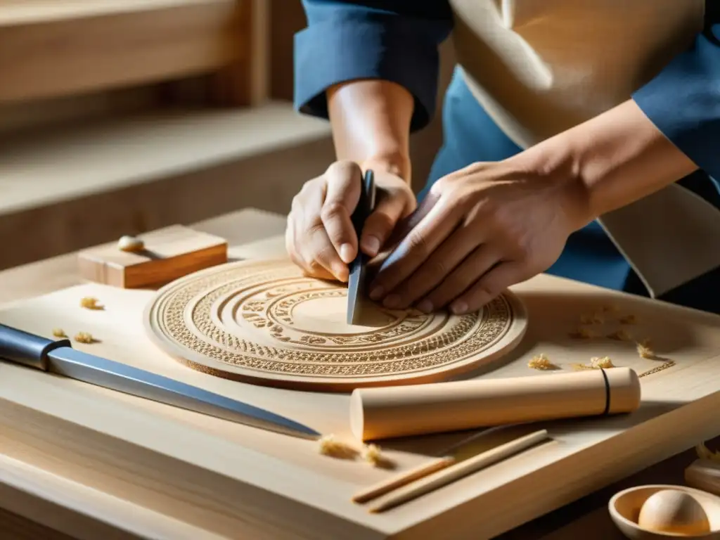 Un artesano meticuloso talla y da forma a un haegeum con herramientas tradicionales coreanas, capturando la historia y construcción del haegeum