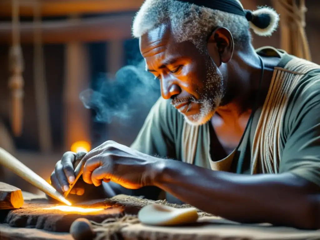 Un artesano meticuloso talla un instrumento musical prehistórico en una cueva, mostrando la fabricación de instrumentos musicales prehistóricos