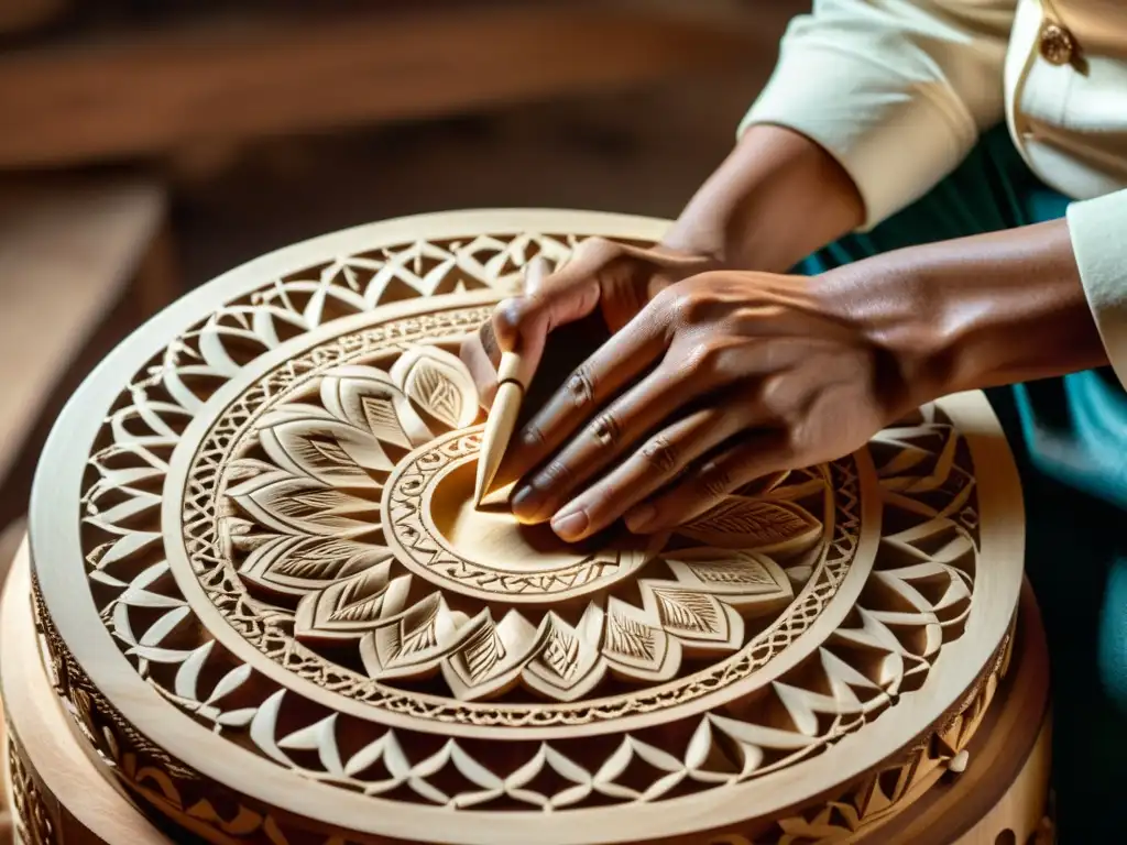 Artesano mexicano esculpe con maestría una vihuela, destacando su artesanía y dedicación en la música ranchera