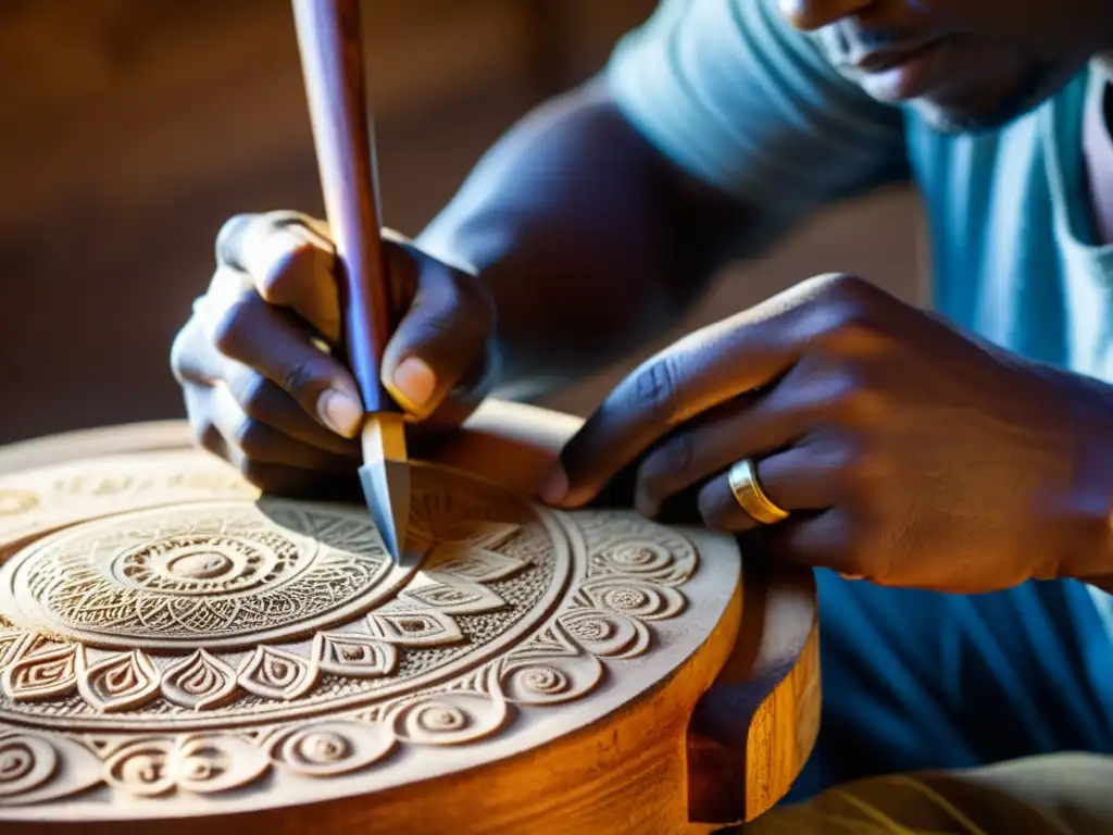 Un artesano mozambiqueño talla con cuidado patrones en una fiddle tradicional, iluminado por la cálida luz del atardecer