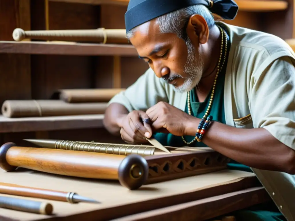 Un artesano nepalí talla con precisión un Sarangi, mostrando la rica tradición cultural de Nepal