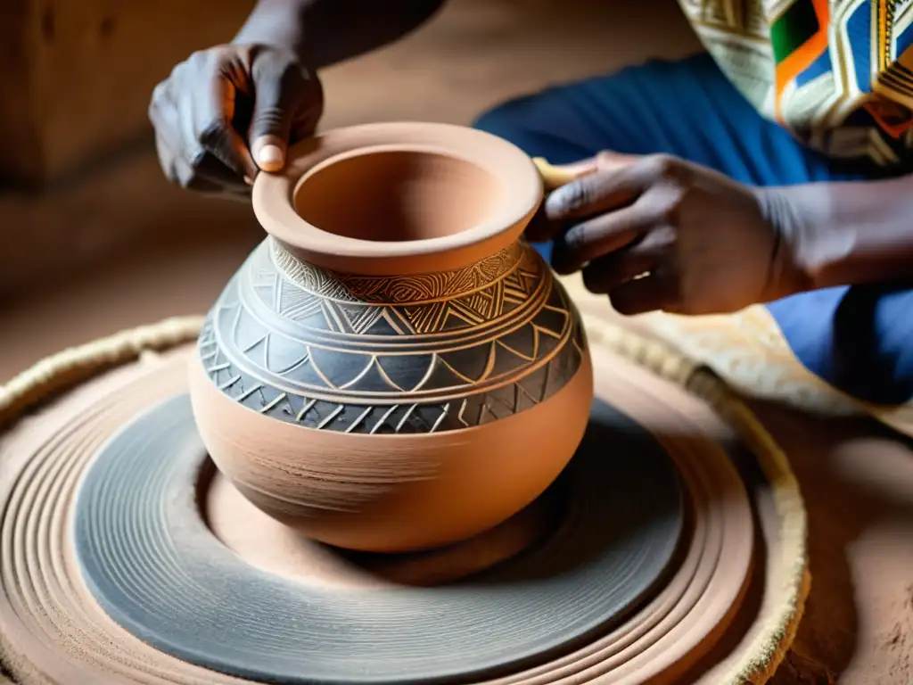 Un artesano nigeriano moldea con cuidado una tradicional y hermosa vasija de barro para crear un sonido udu cerámica nigeriana