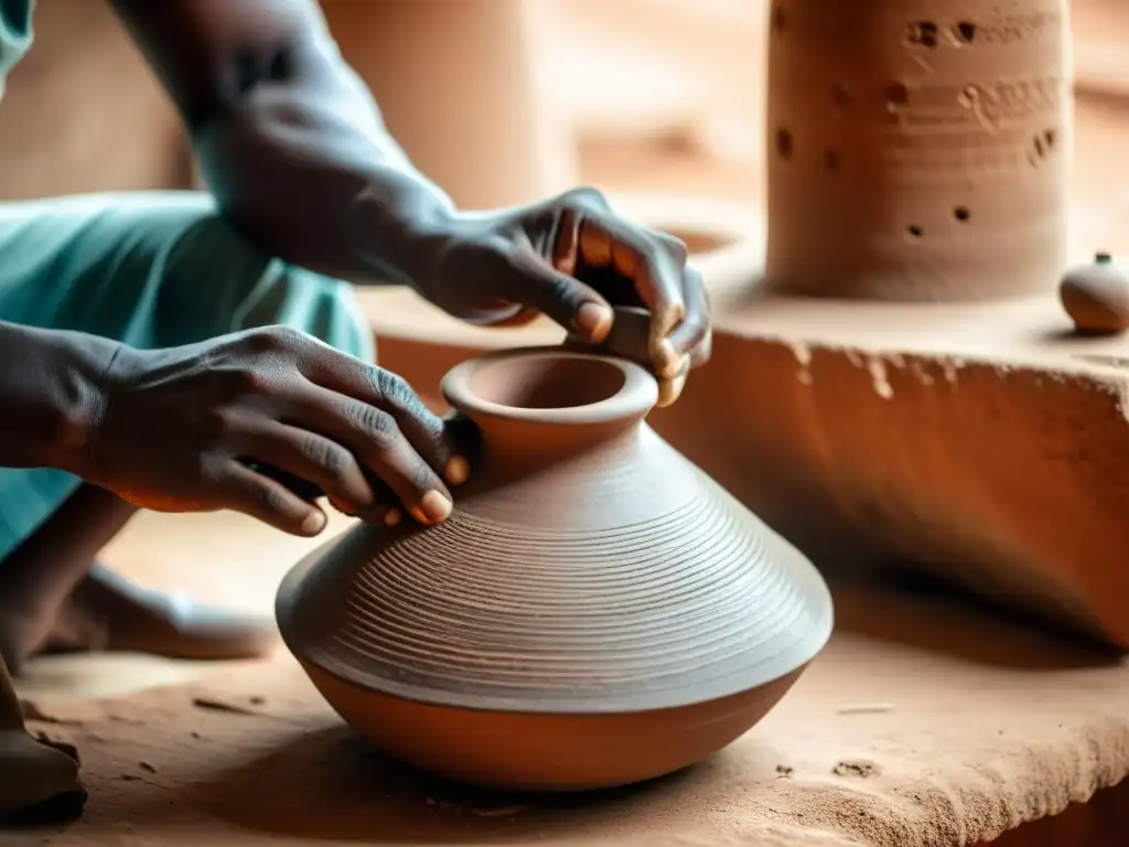 Un artesano nigeriano moldea con destreza una percusión de cerámica Udu, reflejando tradición y habilidad en tonos terrosos