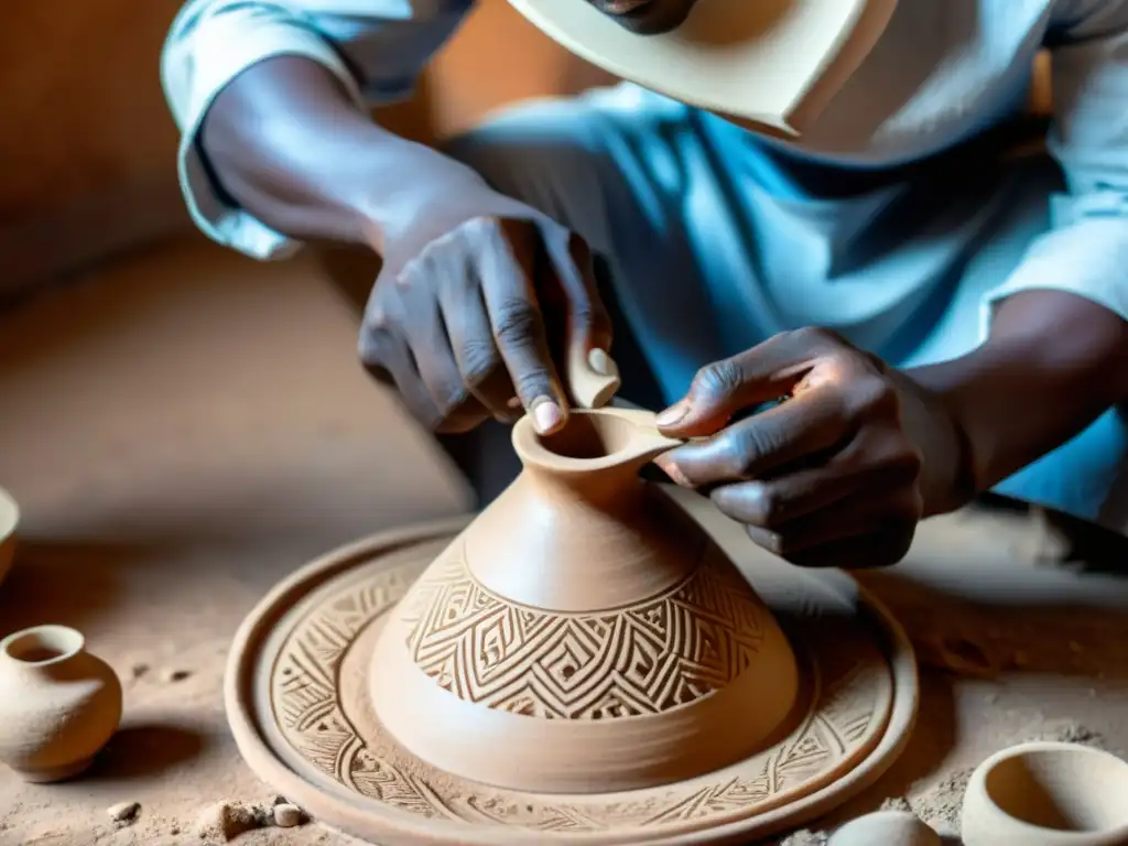 Un artesano nigeriano moldea con destreza un udu cerámico, iluminado por la luz natural