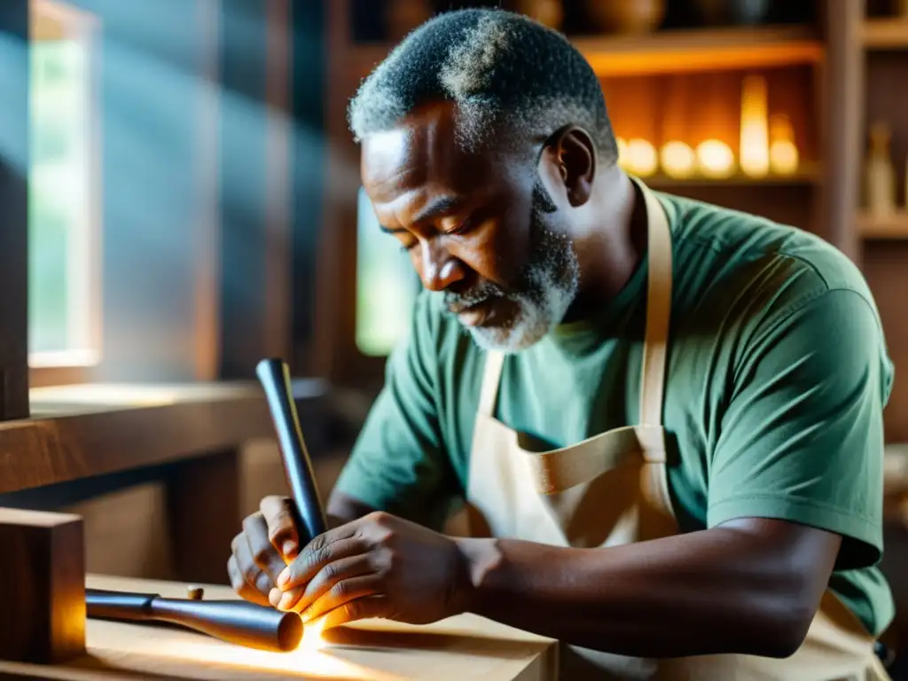 Artesano tallando un oboe de ébano africano sostenible con destreza, iluminado por la cálida luz del sol