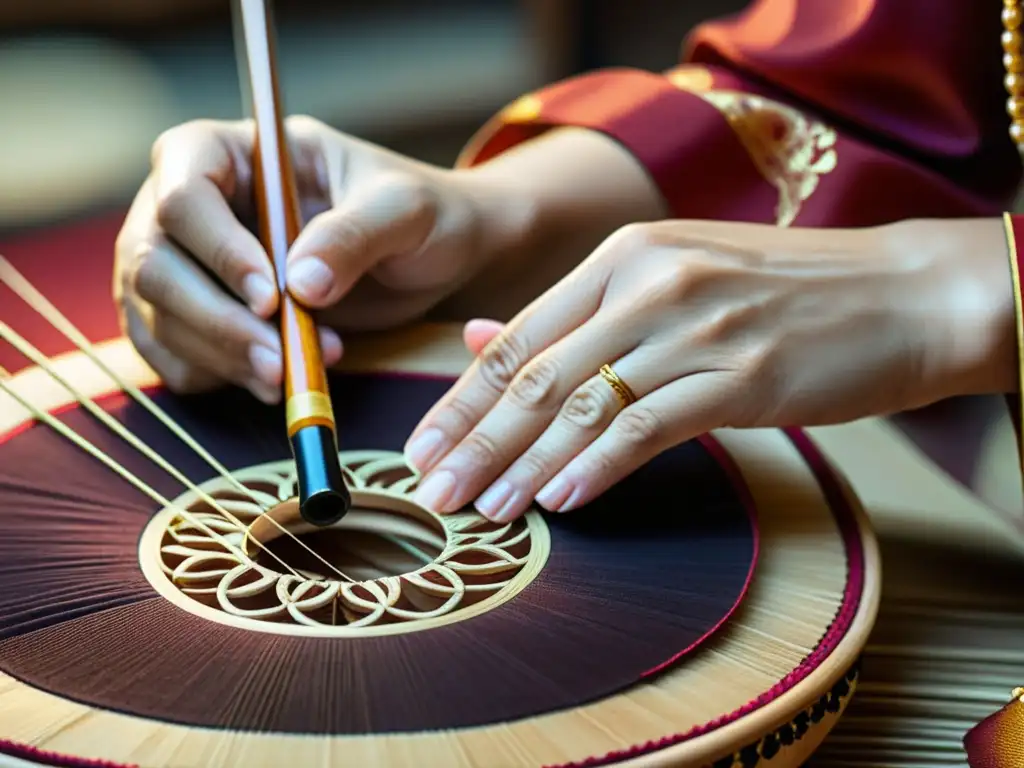 Artesano oriental creando instrumentos musicales con materiales tradicionales