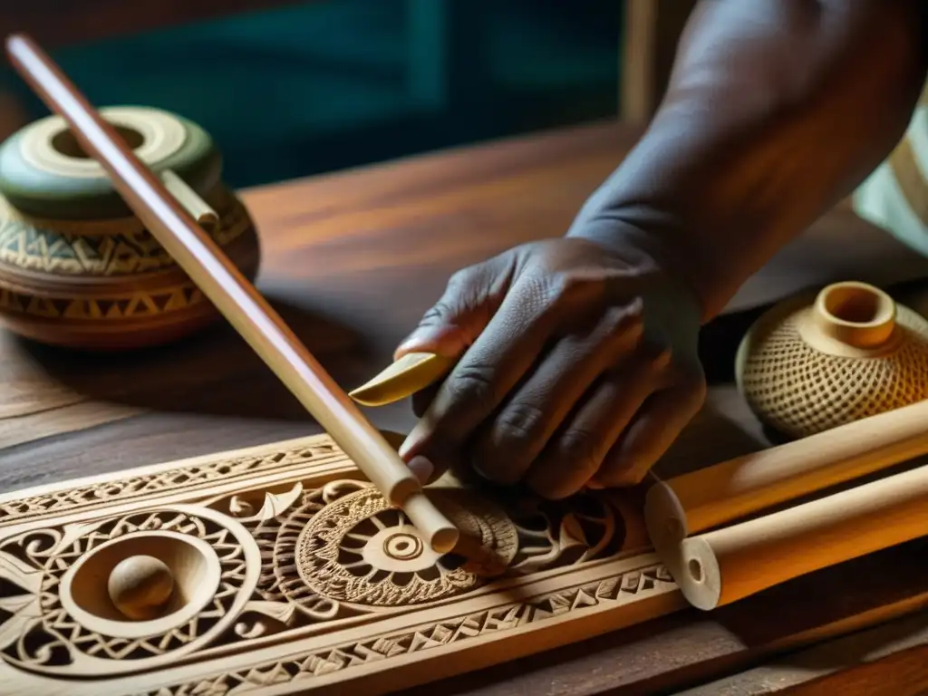 Un artesano panameño tallando con destreza un instrumento musical Pelimbu, rodeado de herramientas en un taller cálido y lleno de texturas
