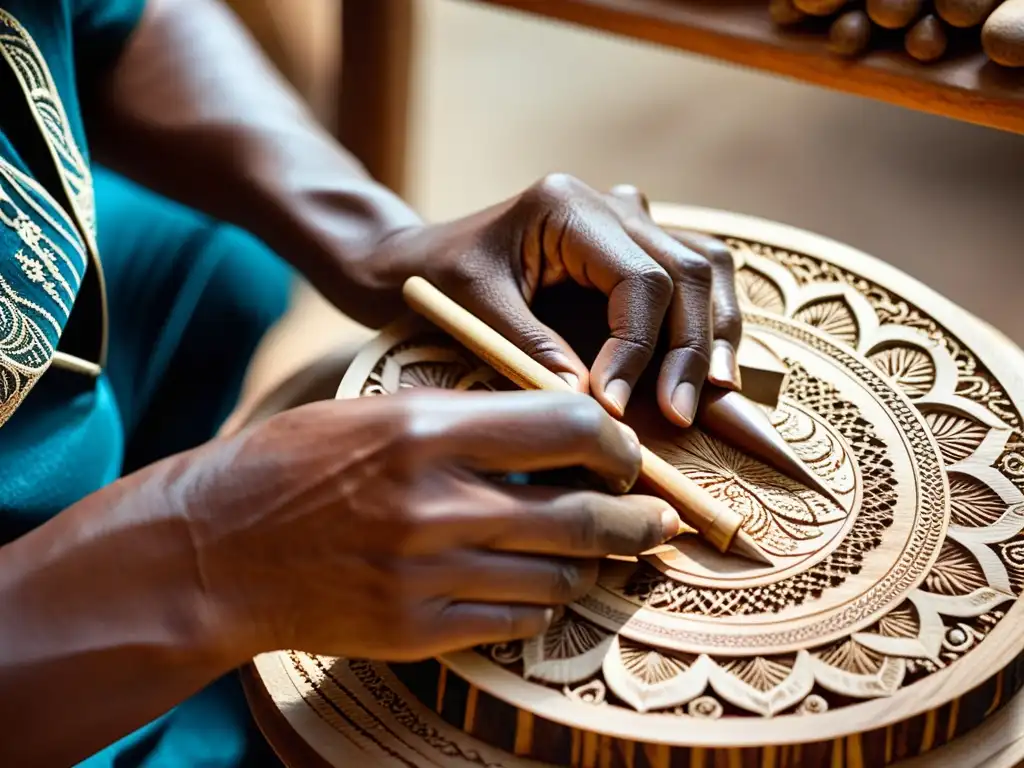 Un artesano panameño talla con destreza un Instrumento musical Pelimbu, capturando la esencia de su cultura y tradición