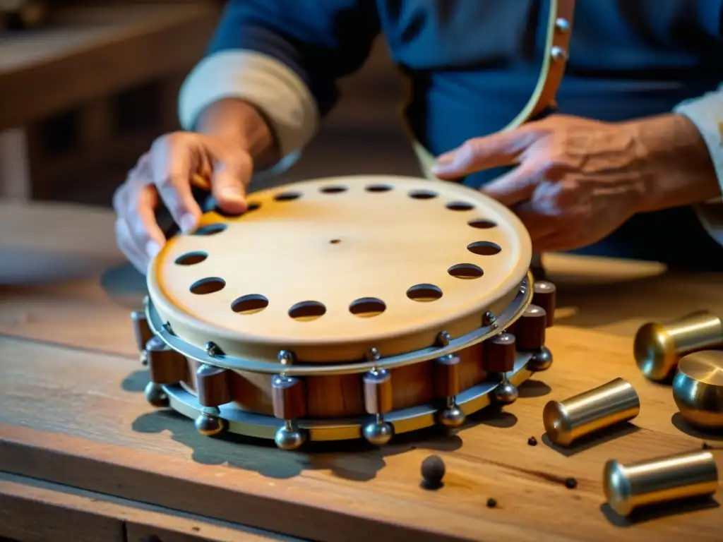 Un artesano hábil crea una pandereta asturiana tradicional en un taller tenue, resaltando la meticulosa artesanía