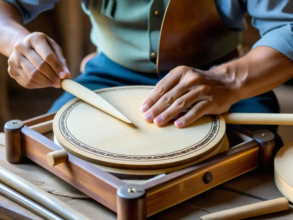 Un artesano hábil crea un pandero cuadrado de música folk, destacando la dedicación y precisión en la artesanía