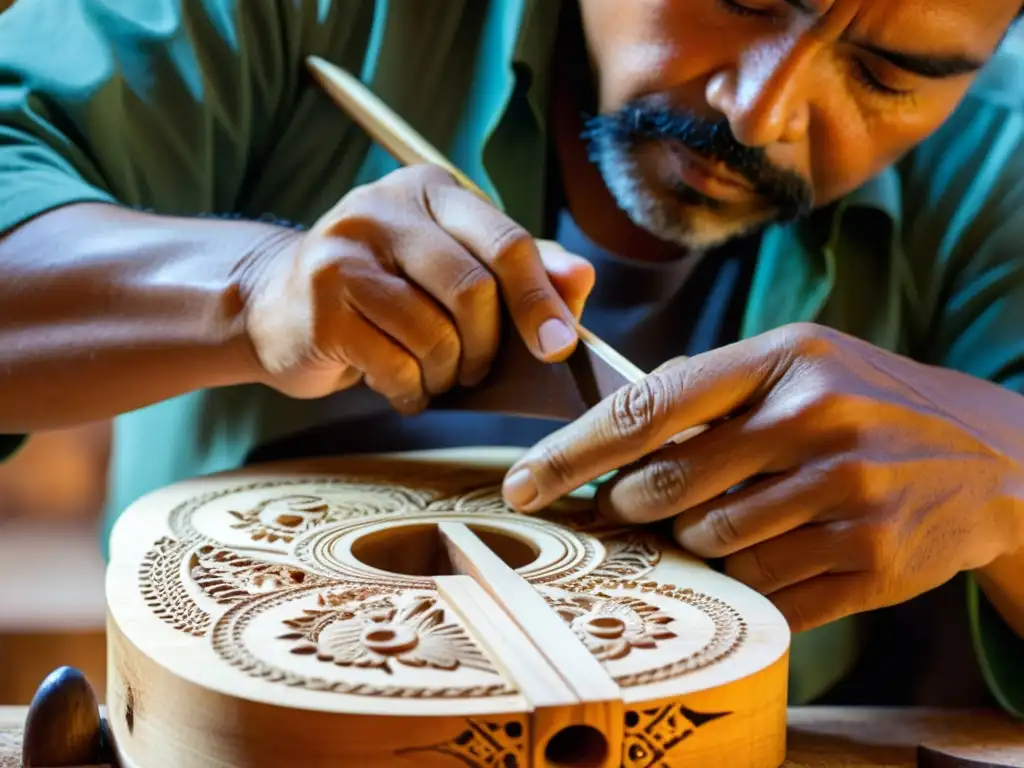 Un artesano en Paracho talla a mano una guitarra mexicana tradicional, destacando la artesanía en el Festival de música tradicional Paracho