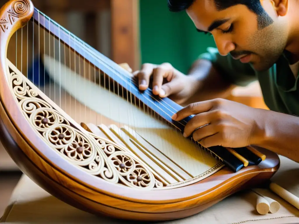 Artesano paraguayo tallando con destreza la historia del arpa paraguaya en madera, mostrando dedicación y maestría