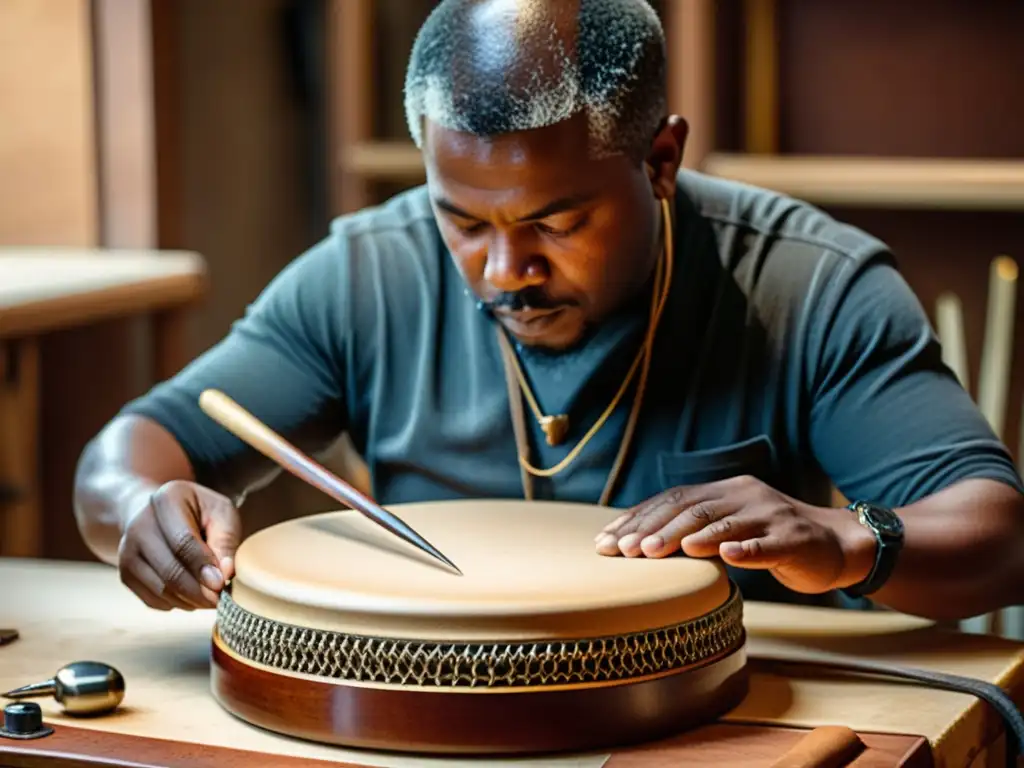 Un artesano hábil confecciona un parche de percusión, concentrado en los detalles y texturas, utilizando técnicas tradicionales