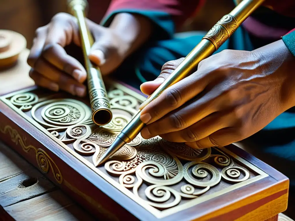 Artesano tallando patrones en un dungchen tibetano ceremonial, evocando reverencia por su significado en las ceremonias budistas