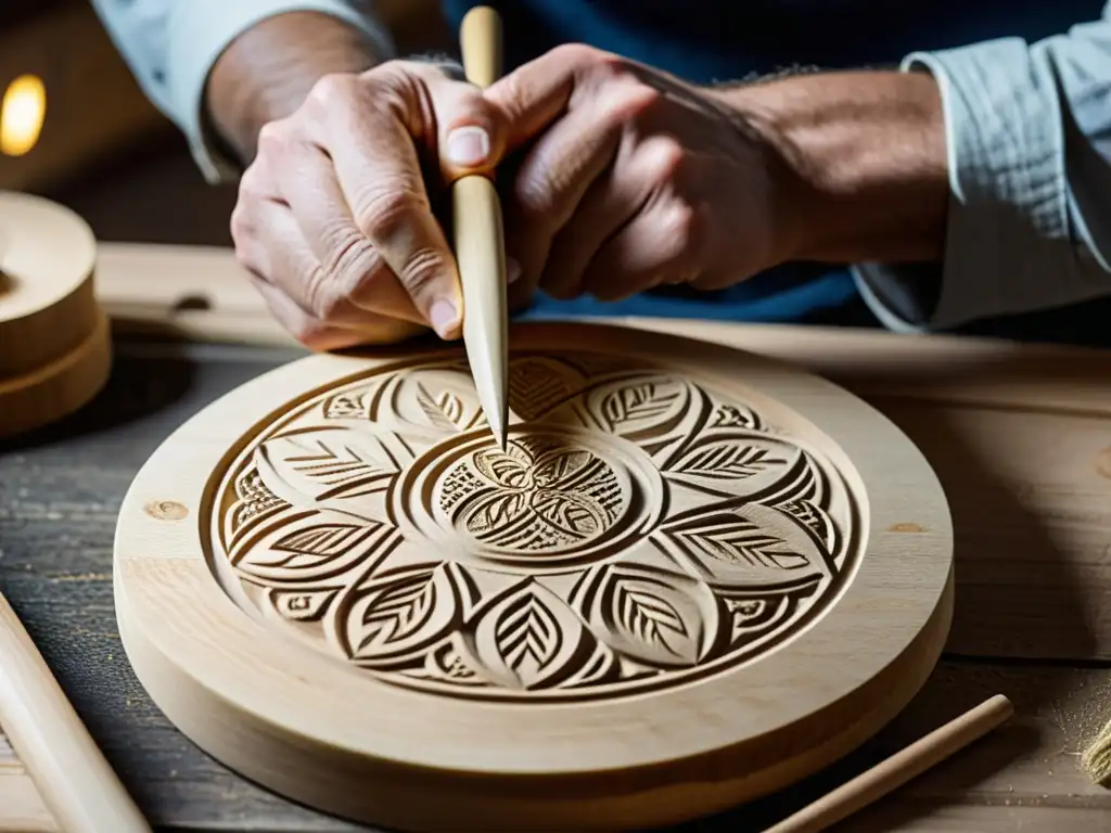 Un artesano tallando patrones en madera para construir un Bodhrán irlandés, destacando la historia y sonido de este instrumento tradicional