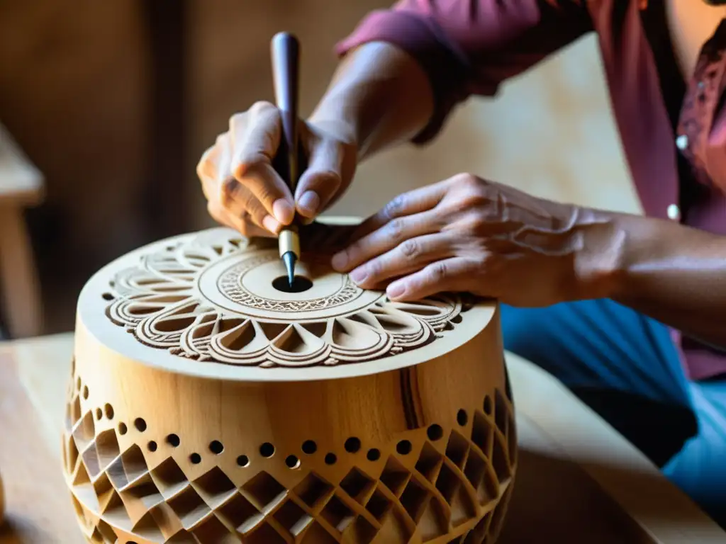 Artesano tallando patrones en la madera de un cajón flamenco, destacando la precisión y la artesanía en la construcción del instrumento