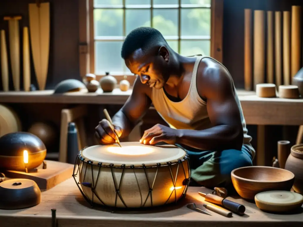 Un artesano percusionista experto tallando un tambor tradicional en su taller, resaltando el valor educativo de los instrumentos de percusión