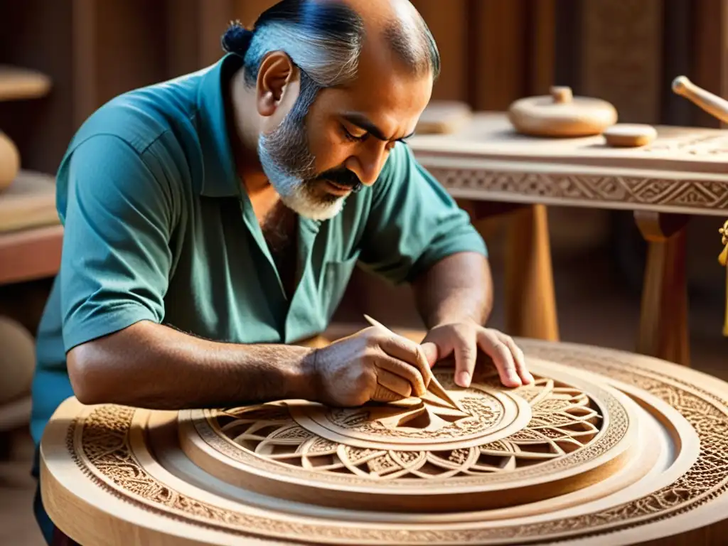 Un artesano persa talla con destreza diseños en un Santur, rodeado de instrumentos tradicionales y luz cálida, capturando la esencia del arte en la música sufí