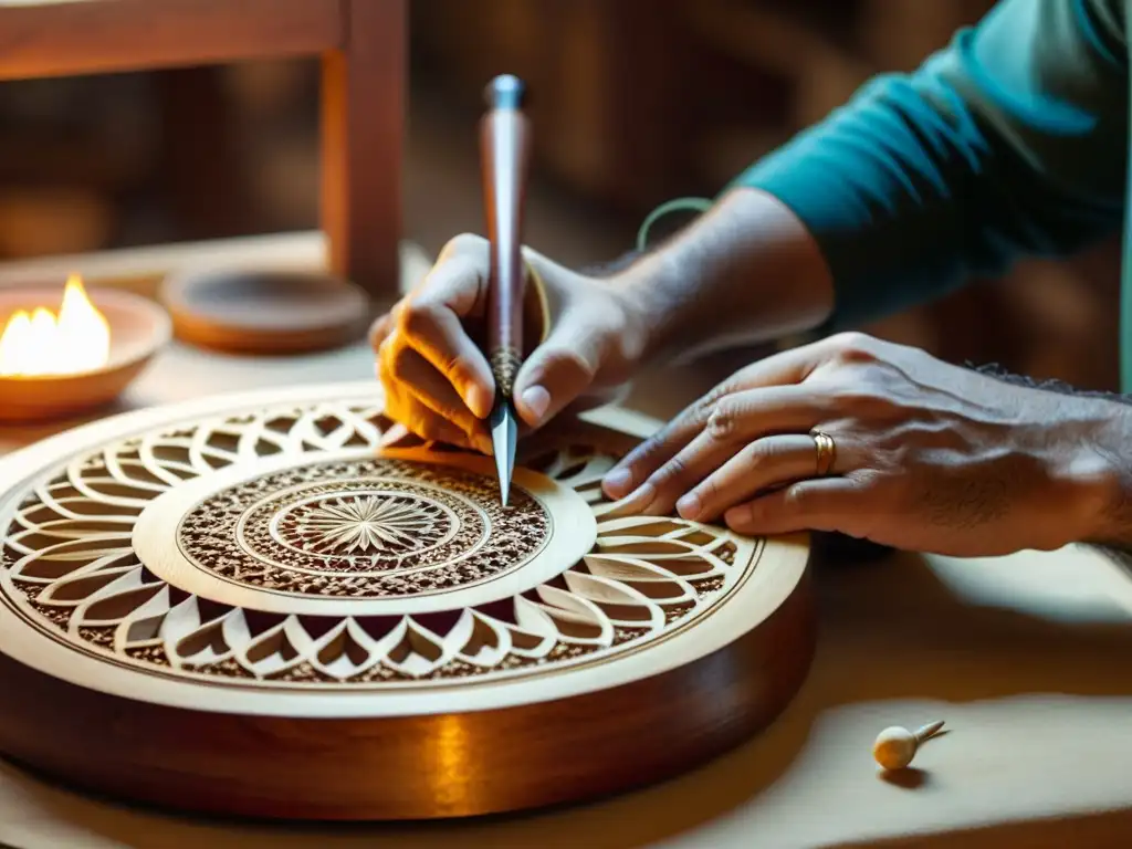 Un artesano persa talla diseños en un santoor rodeado de arte y herramientas tradicionales