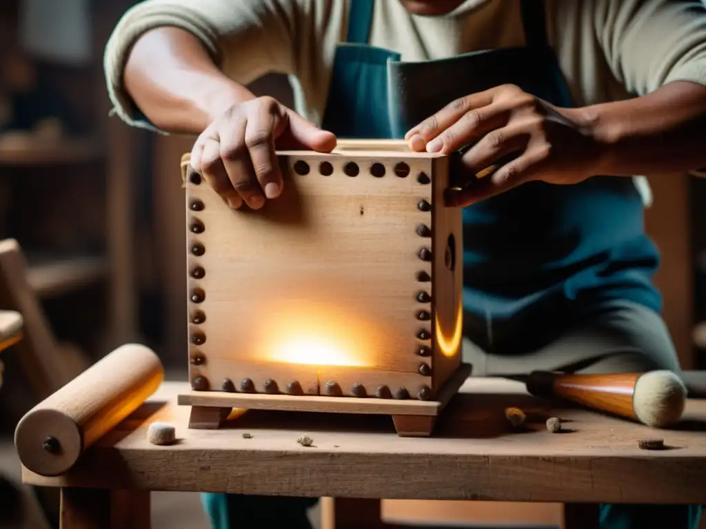 Un artesano peruano experto en la elaboración del cajón peruano en un taller íntimamente iluminado, reflejando el origen y evolución del cajón peruano