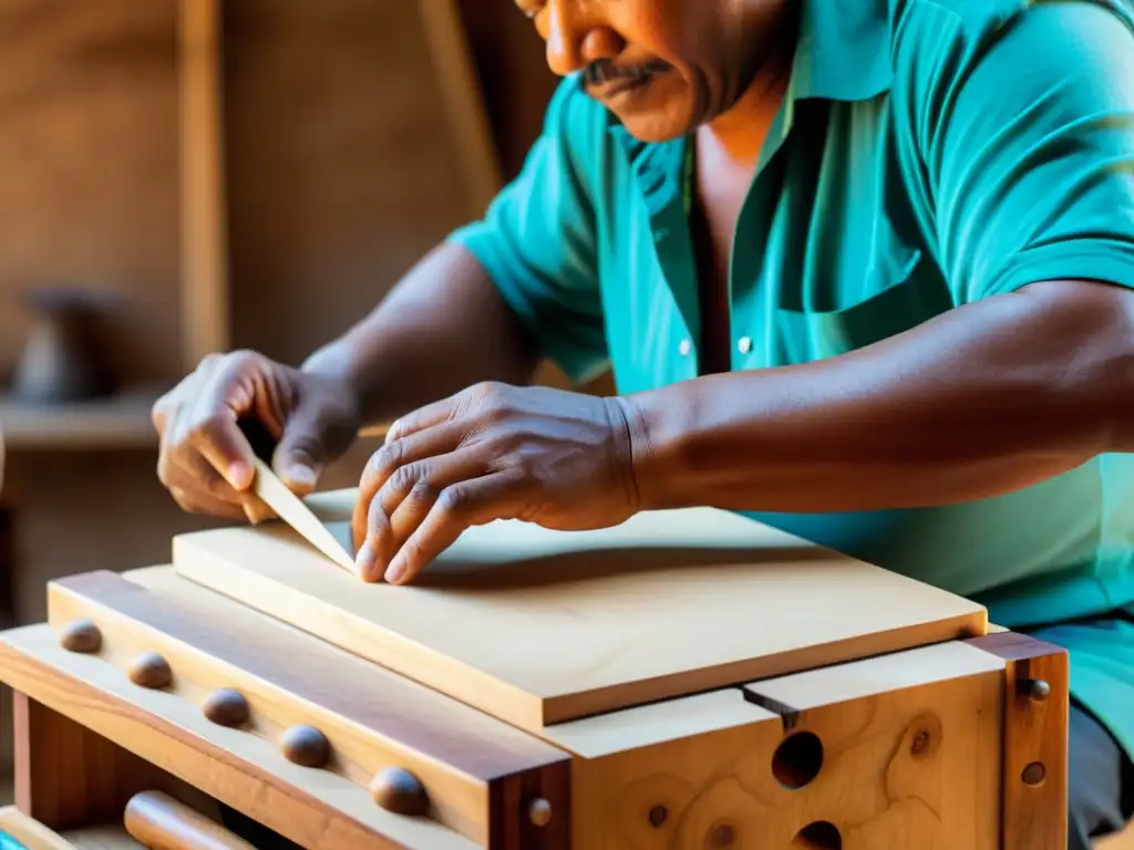 Un artesano peruano experto moldea a mano un Cajón Peruano, mostrando la dedicación y la artesanía detrás de su construcción