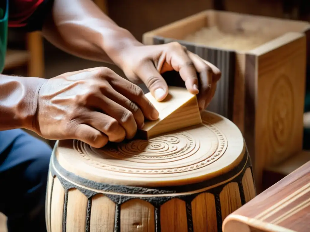 Un artesano peruano esculpe con precisión un cajón tradicional, rodeado de aserrín y virutas de madera