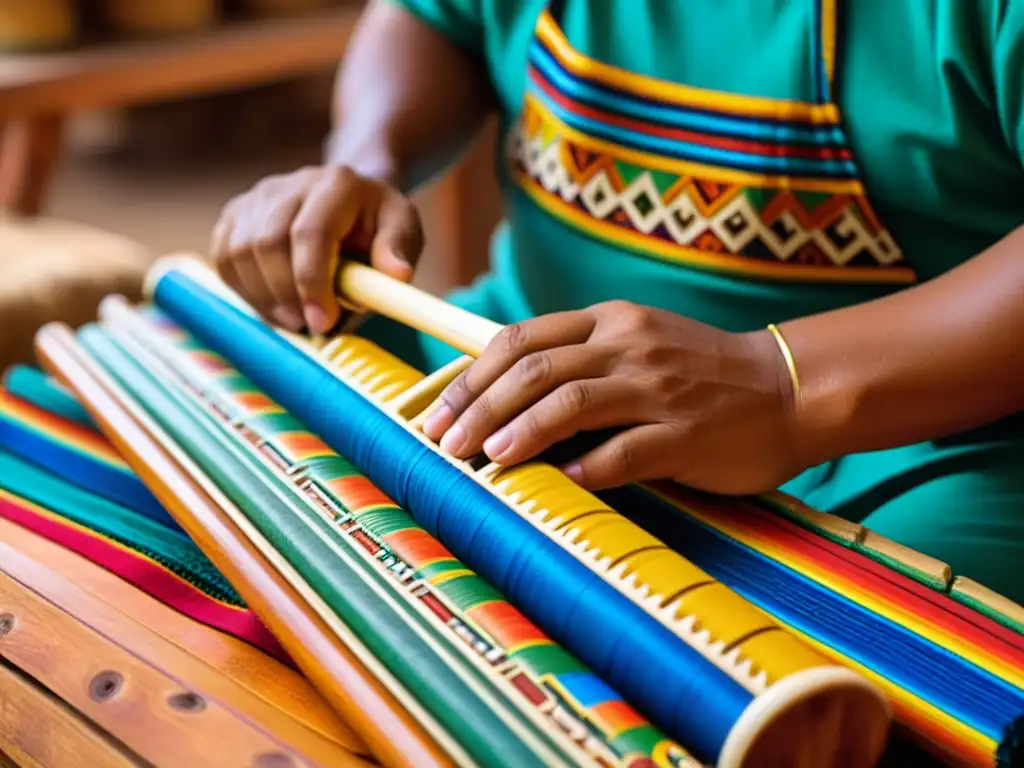 Un artesano peruano crea una quena tradicional con detalles intrincados y colores vibrantes, capturando la importancia cultural de los instrumentos