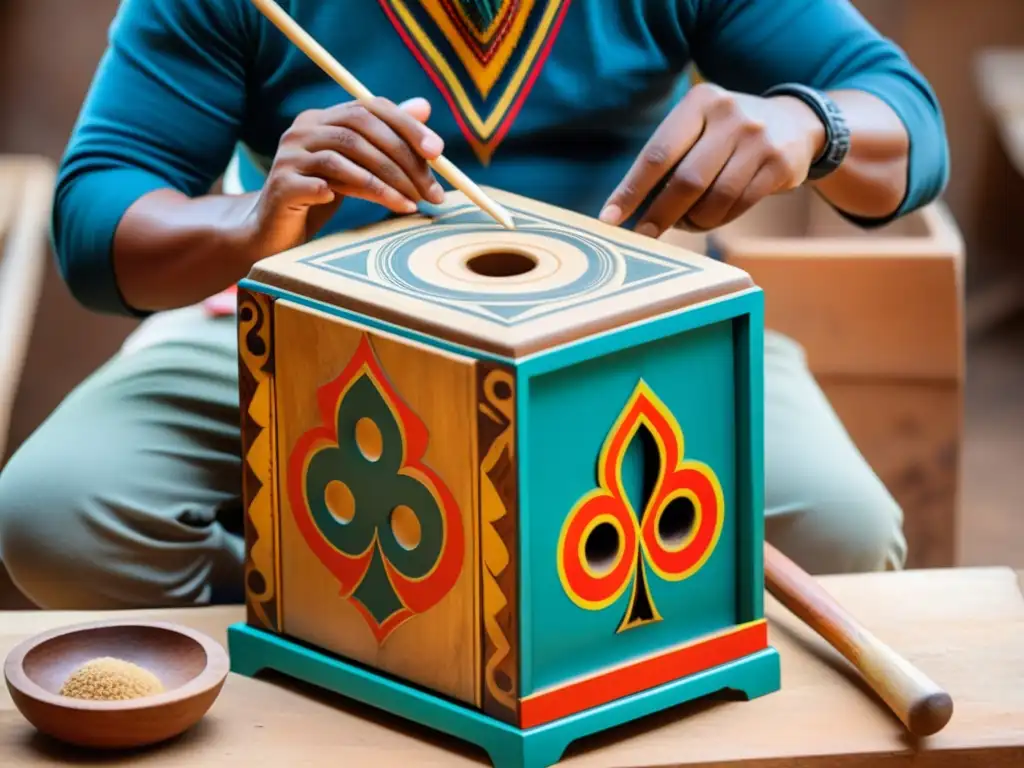 Un artesano peruano talla con destreza un cajón peruano, capturando la rica historia y construcción del icónico instrumento de percusión