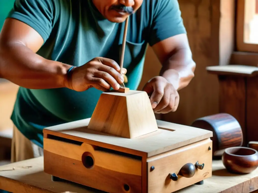 Un artesano peruano talla con precisión un cajón peruano en su taller, mostrando el origen y técnicas del cajón peruano