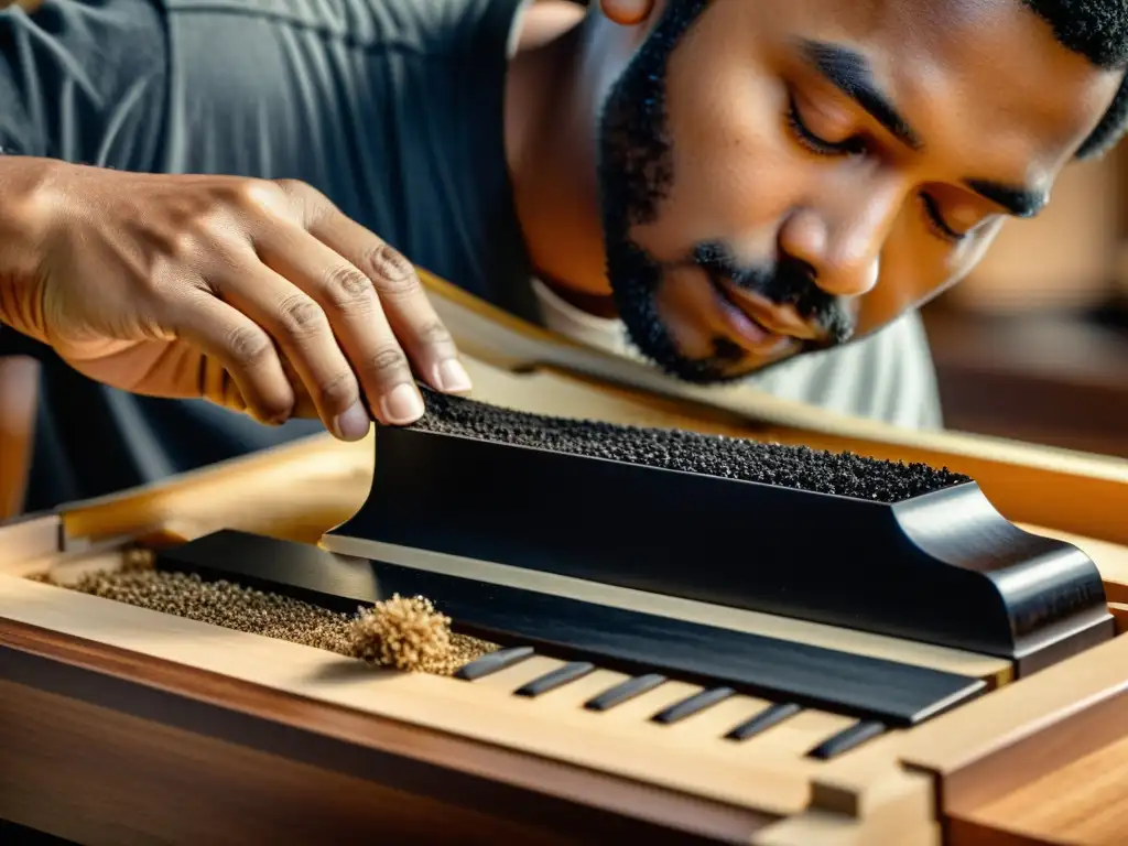 Artesano del piano tallando ébano con destreza