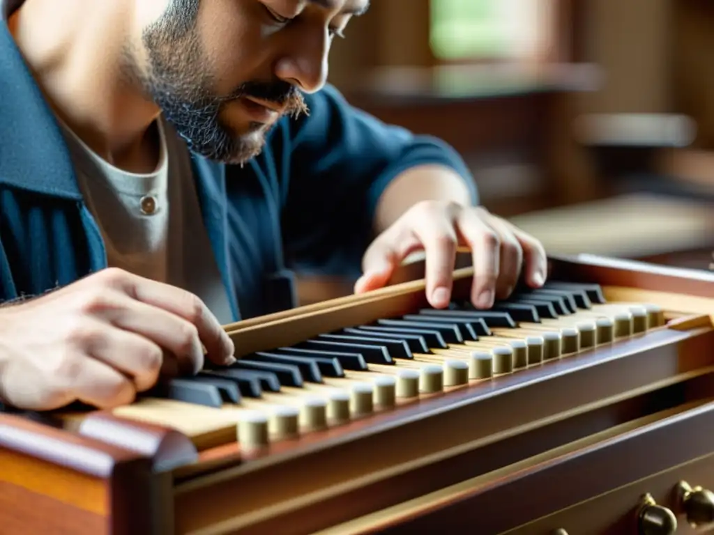 Un artesano ensambla un piano de juguete con cuidado, destacando la meticulosa artesanía y atención al detalle en cada tecla