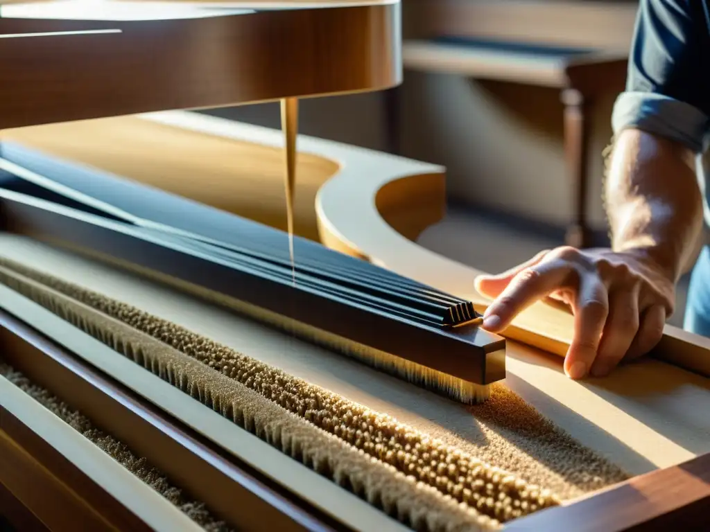 Artesano de pianos meticuloso trabajando en la construcción de un piano de cola, resaltando los principios acústicos de la artesanía