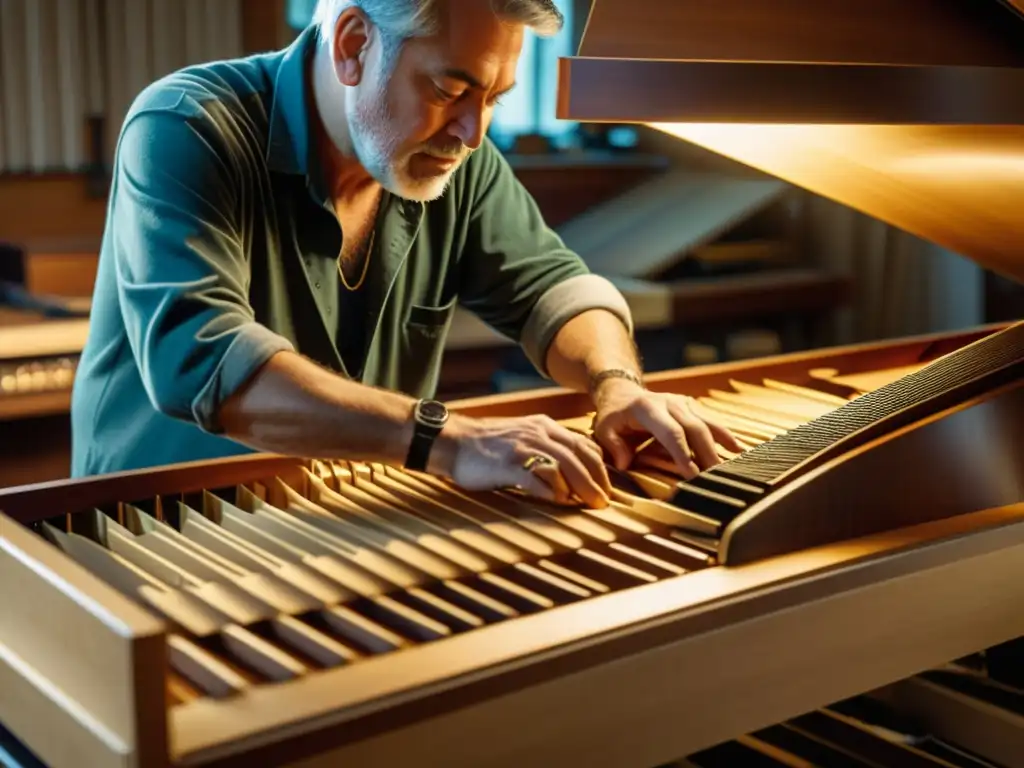 Un artesano de pianos crea con precisión el sonido, resaltando los principios acústica construcción pianos en un taller cálido y detallado