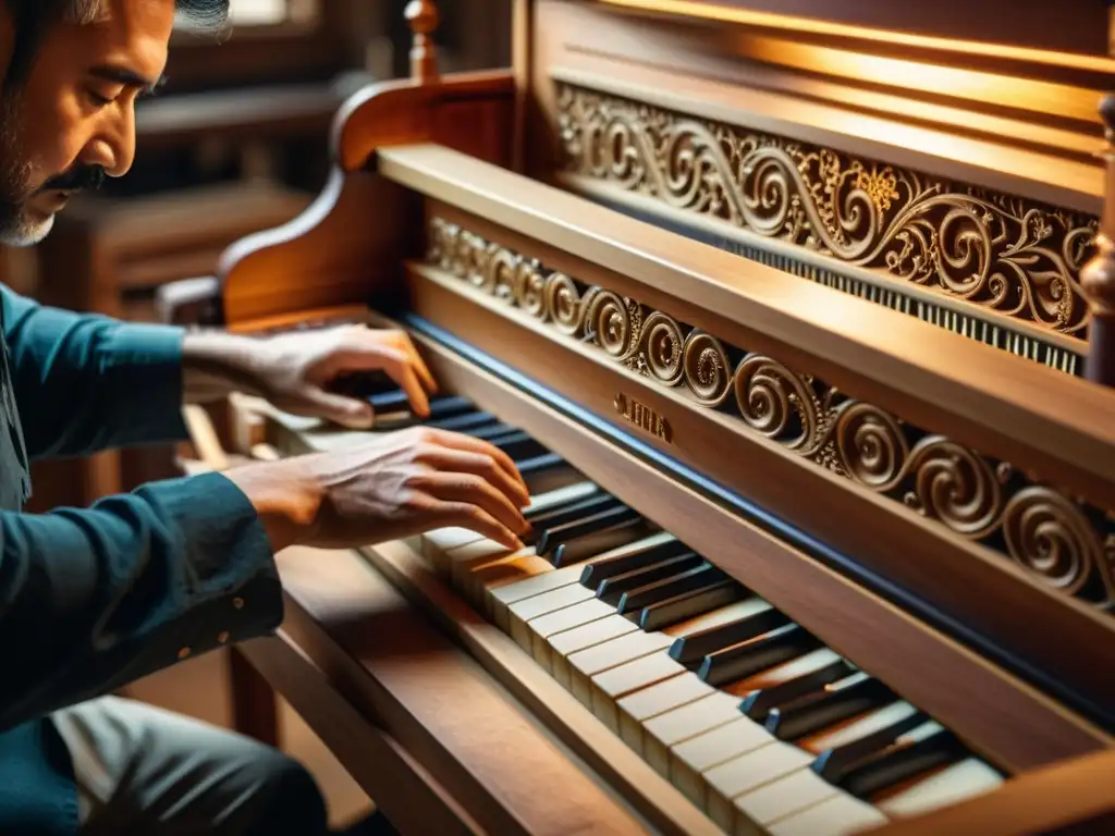 Un artesano de pianos de rollo talla diseños en la madera, rodeado de herramientas y instrumentos musicales antiguos en su taller