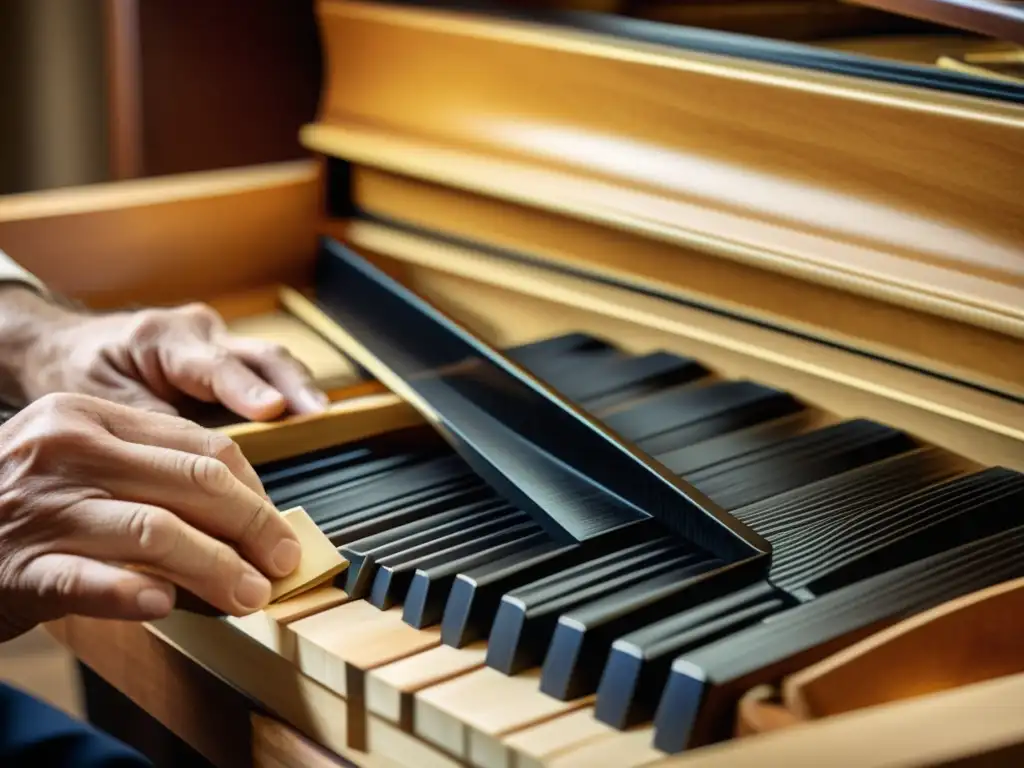 Un artesano de pianos talla delicadamente ébano, destacando la importancia histórica del ébano en piano