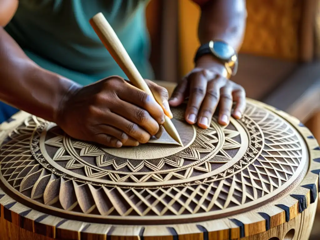 Un artesano polinesio talla patrones en un tambor Toere con herramientas tradicionales, mostrando la meticulosa artesanía y relevancia cultural