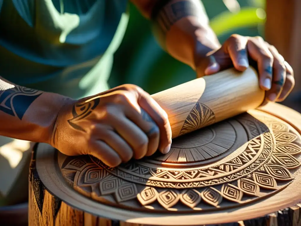 Un artesano polinesio talla un tambor to'ere en madera, con detalles precisos, rodeado de virutas y polvo de madera