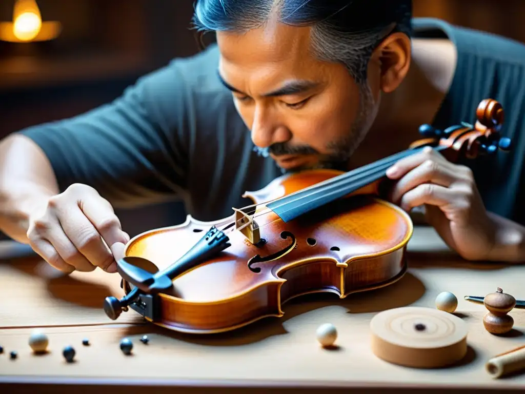 Un artesano restaura con precisión un antiguo violín, preservación de instrumentos musicales antiguos