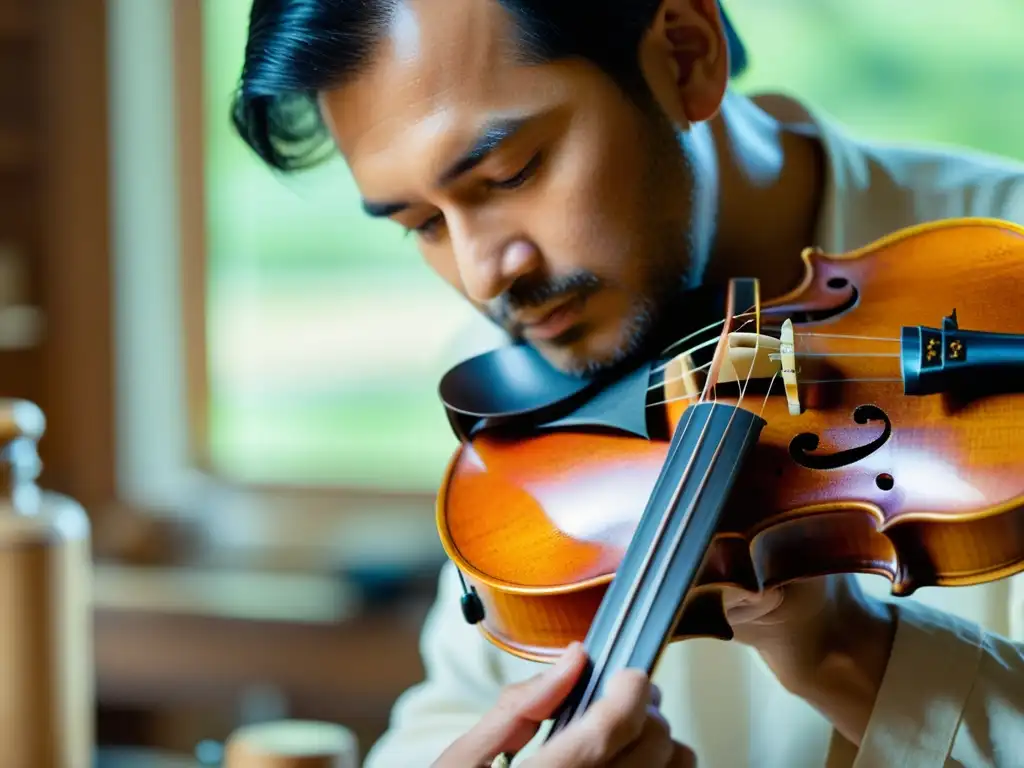 Un artesano restaura con precisión un antiguo violín, resaltando la ética en la restauración de instrumentos