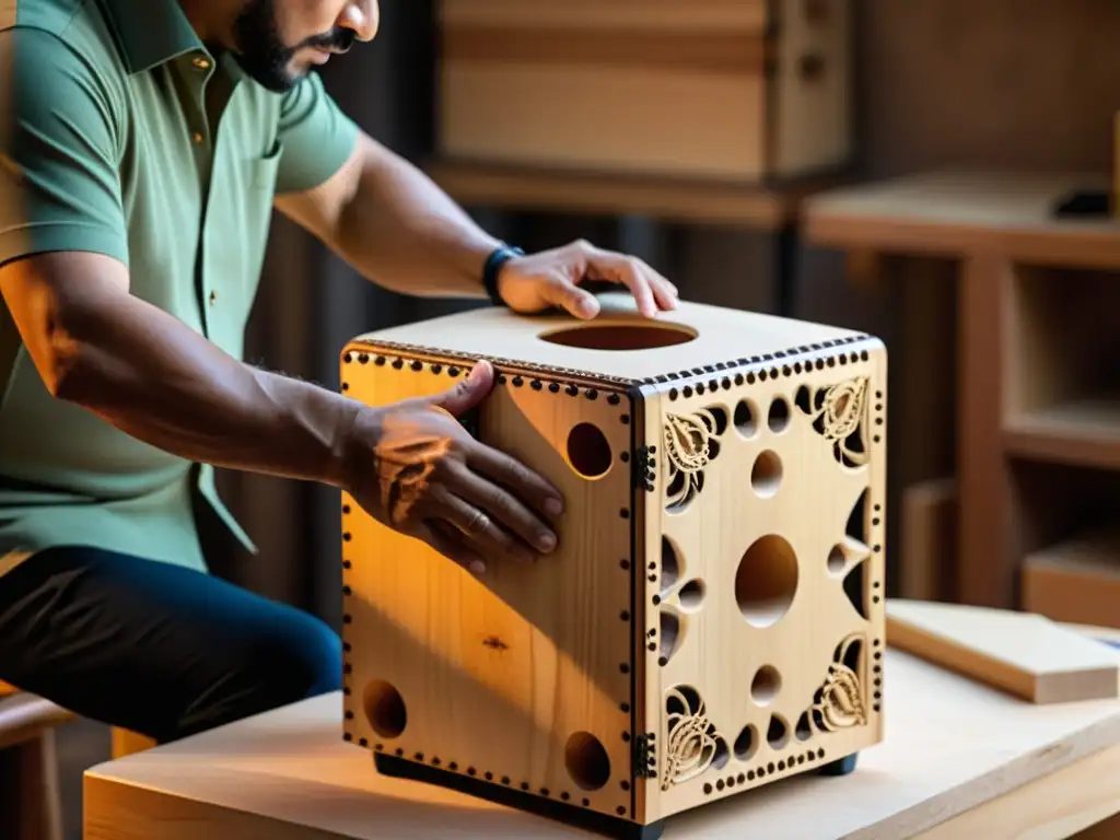 Artesano tallando con precisión un cajón flamenco, mostrando la adaptación del cajón en el jazz con detalle y destreza artesanal