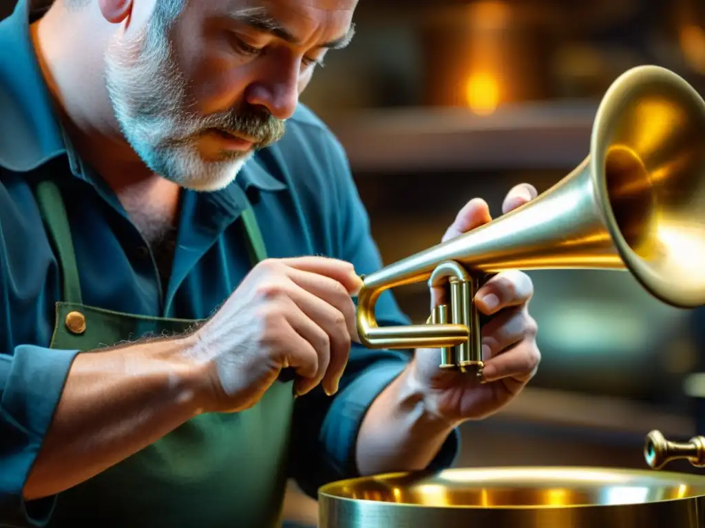 Artesano moldeando con precisión la campana de una trompeta en un taller iluminado cálidamente