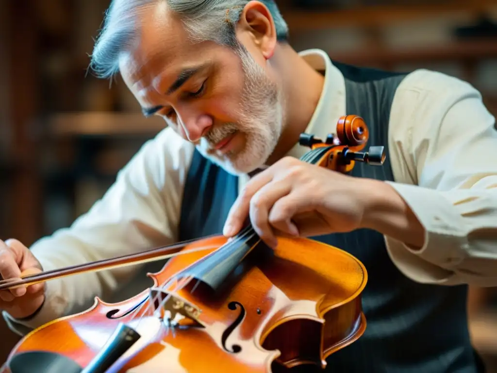 Un artesano restaurando con precisión una cello vintage en su taller, mostrando la dedicación de los restauradores de instrumentos musicales contemporáneos