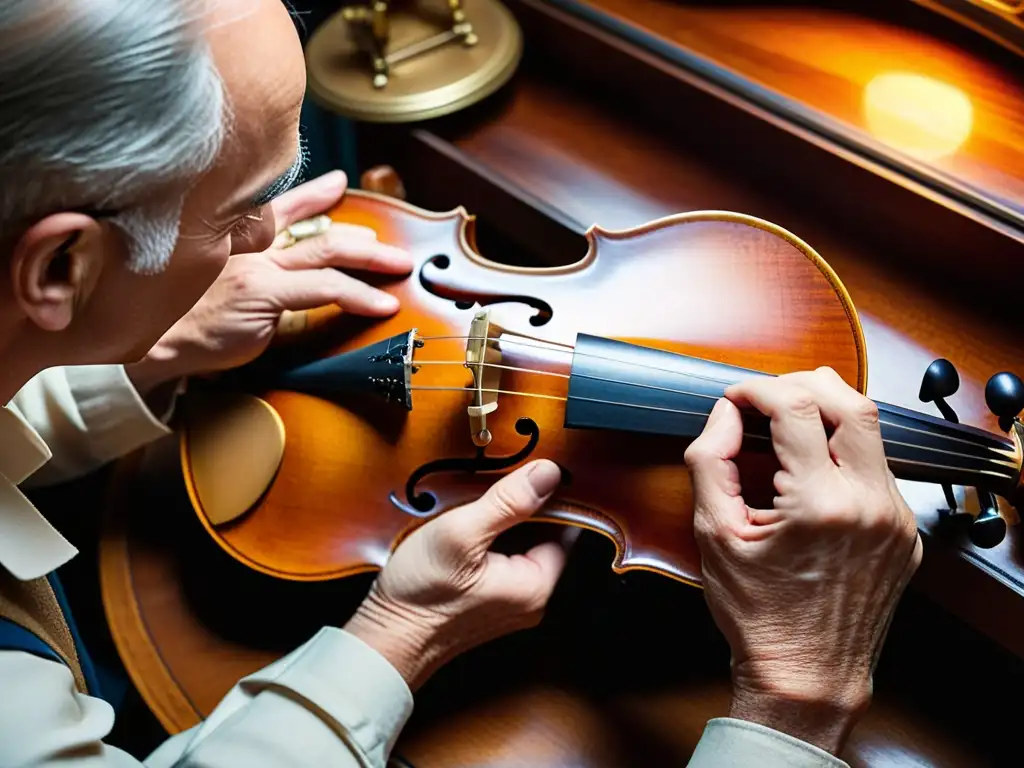 Un artesano restaura con precisión una centenaria violín, iluminado por una cálida lámpara de escritorio