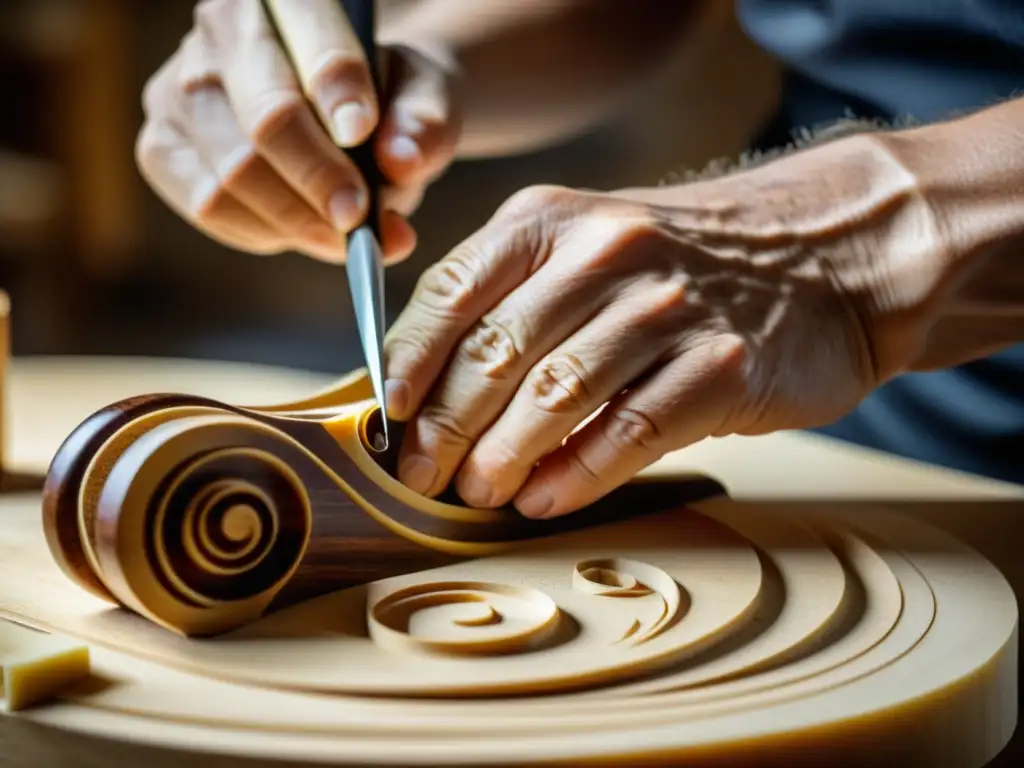 Un artesano tallando con precisión un violín Stradivarius, envuelto en luz natural