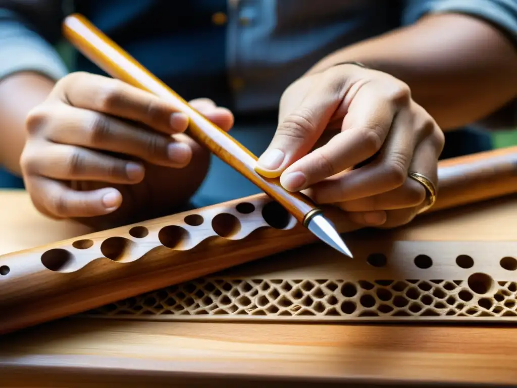 Un artesano tallando con precisión una flauta de madera, mostrando la adaptación de instrumentos musicales para discapacidades con dedicación y arte