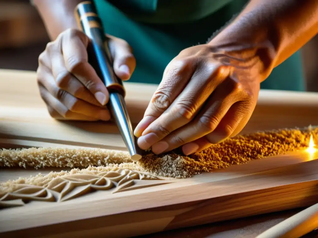 Un artesano tallando con precisión una flauta de madera sostenible, destacando la producción ecológica de instrumentos de viento