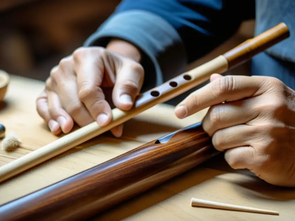 Un artesano hábil talla con precisión una flauta travesera de madera en un taller tradicional, destacando la autenticidad y la elegancia en la creación de este icónico instrumento